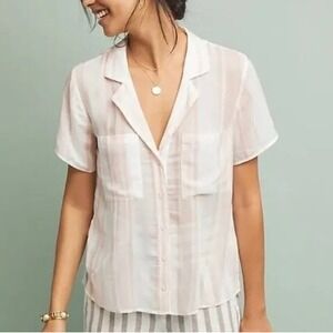 Cloth & Stone Anthropologie Pink White Striped Sheer Button Up Blouse Top Casual